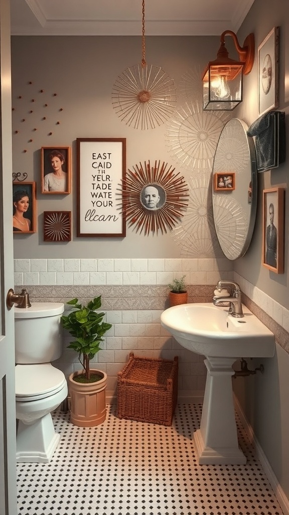 Stylish bathroom with unique wall art, mirror, and plants.