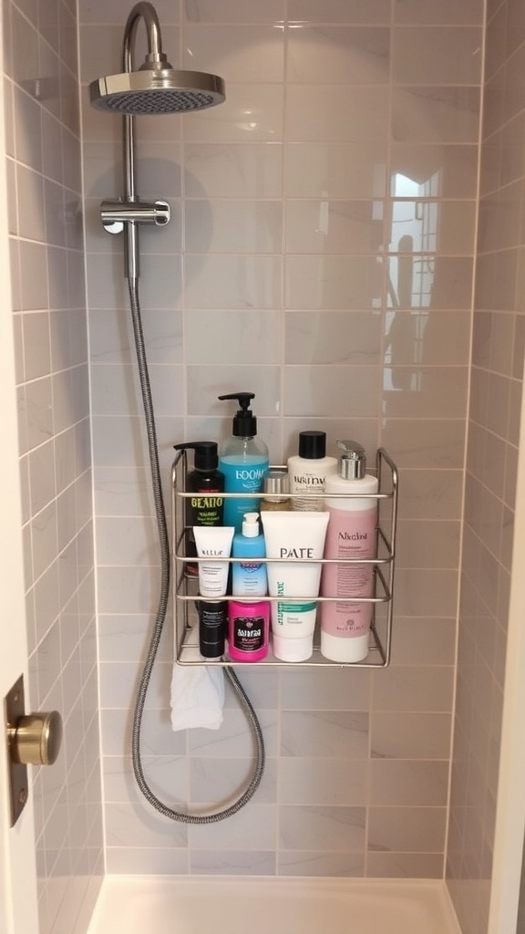 A stylish metal shower caddy holding various bottles in a modern bathroom setting.