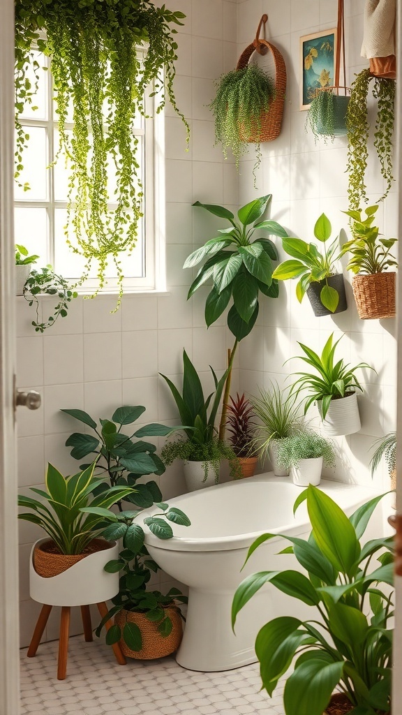 A bright bathroom filled with various indoor plants, including hanging ferns and potted greenery, creating a serene atmosphere.