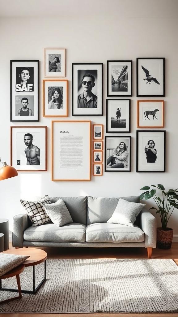 Artistic wall display with framed photographs and art pieces in a living room setting.