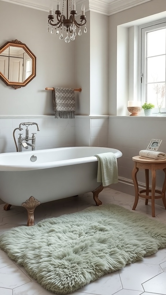 A cozy sage green bath mat in a stylish bathroom with a vintage bathtub and elegant decor.