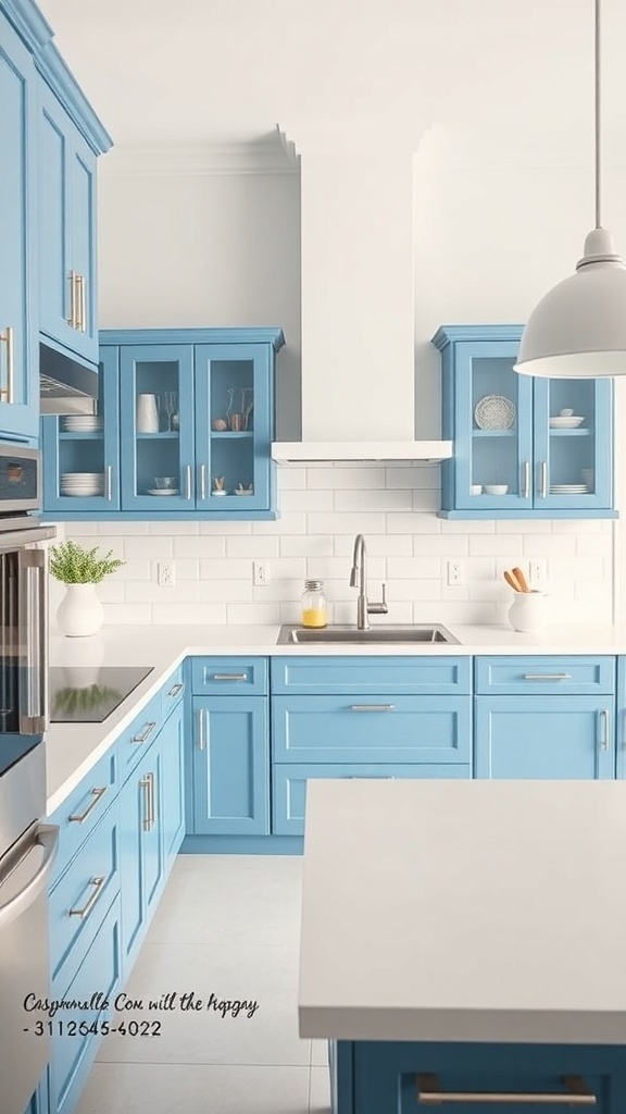 A modern kitchen with light blue cabinets and white countertops.