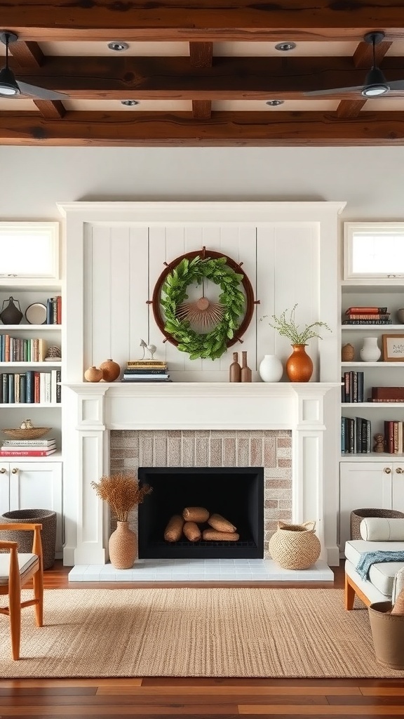 Cozy farmhouse living room with a fireplace and built-in shelves, featuring a wreath and decorative items.
