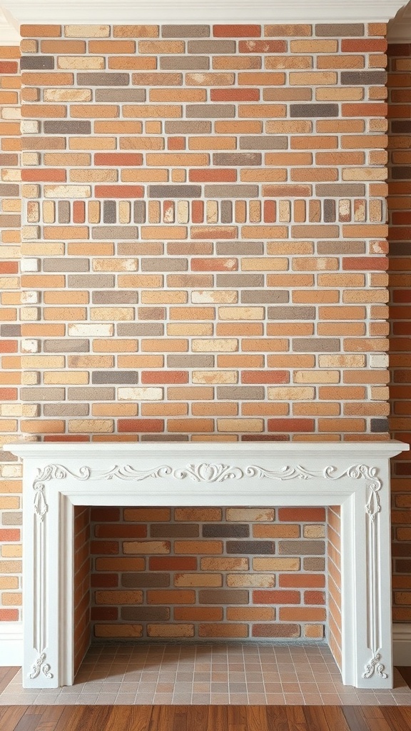 A brick fireplace with a textured plaster finish, showcasing a blend of smooth plaster and rugged brick.
