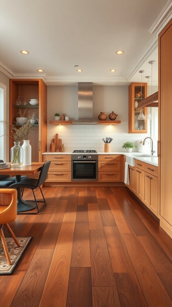 A kitchen featuring classic wood flooring, warm cabinetry, and modern appliances.