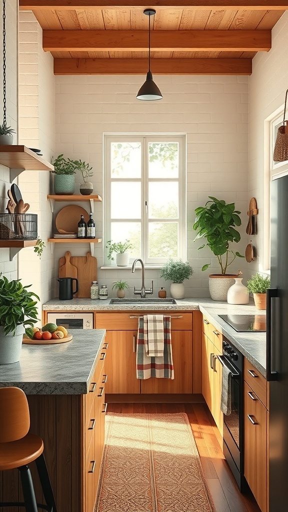 A cozy boho kitchen with wooden cabinets, open shelves, and plants, showcasing functional storage solutions.