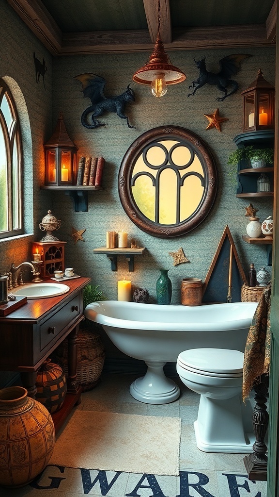 A whimsical bathroom decorated with dragons, stars, and warm lighting, featuring a vintage bathtub and wooden vanity.