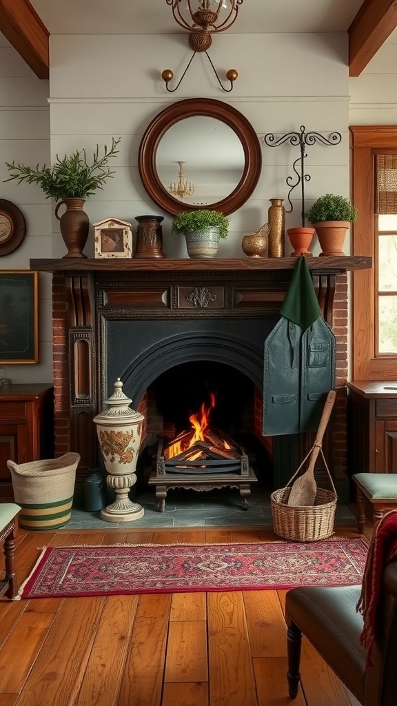 A vintage fireplace with a dark wood mantel, antique accessories, and a warm fire.