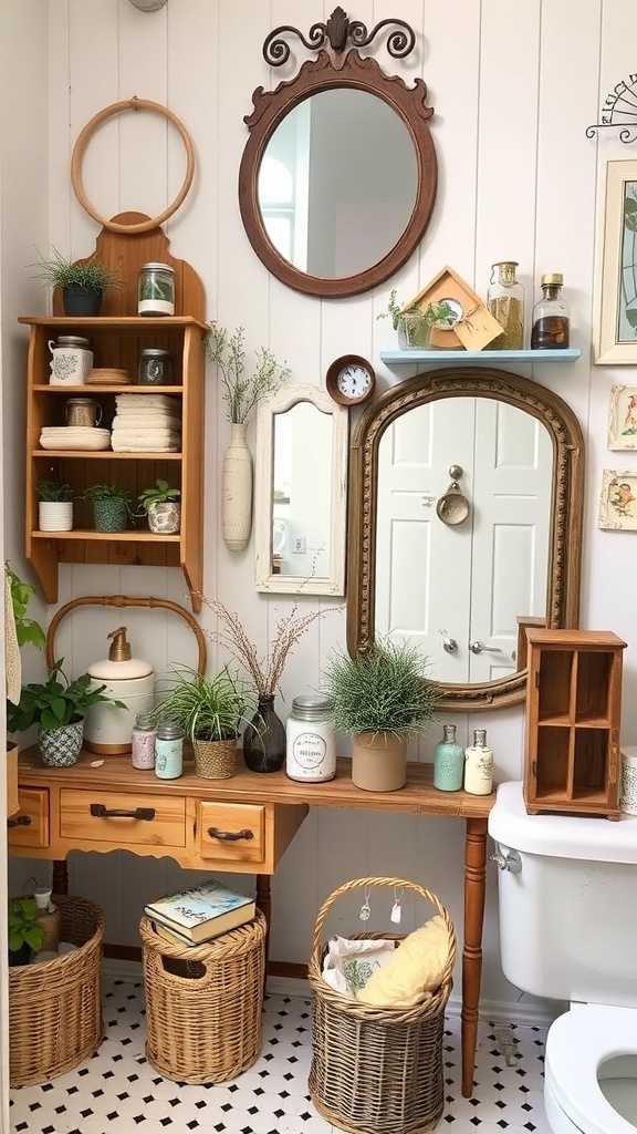 A cozy bathroom featuring repurposed vintage decor, including wooden shelves, a mirror, and wicker baskets.