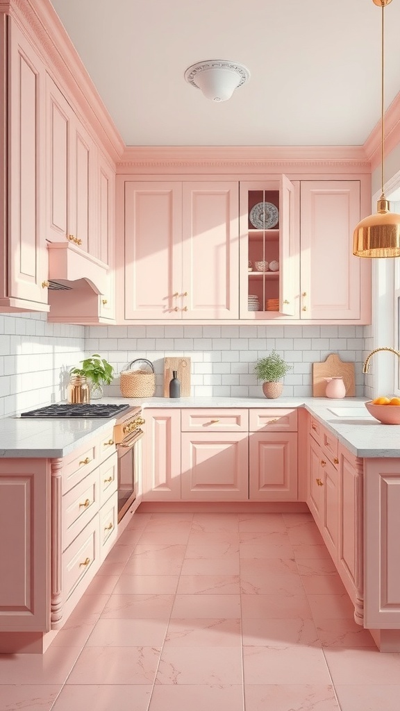 A cozy kitchen featuring chic pink tile flooring and pink cabinets, creating a warm and inviting atmosphere.