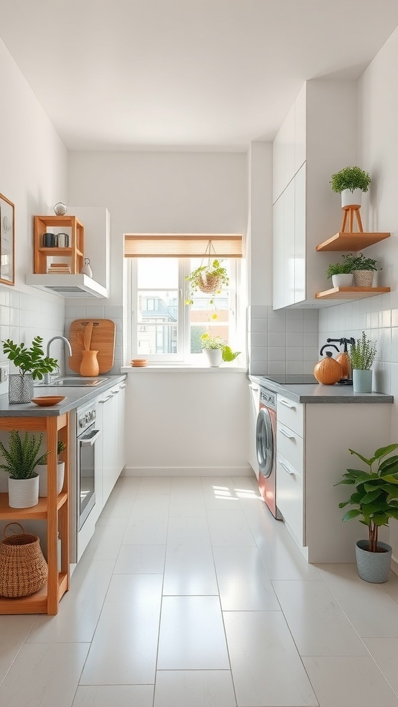 A bright, modern small kitchen featuring light-colored flooring, minimalist design, and smart storage solutions.