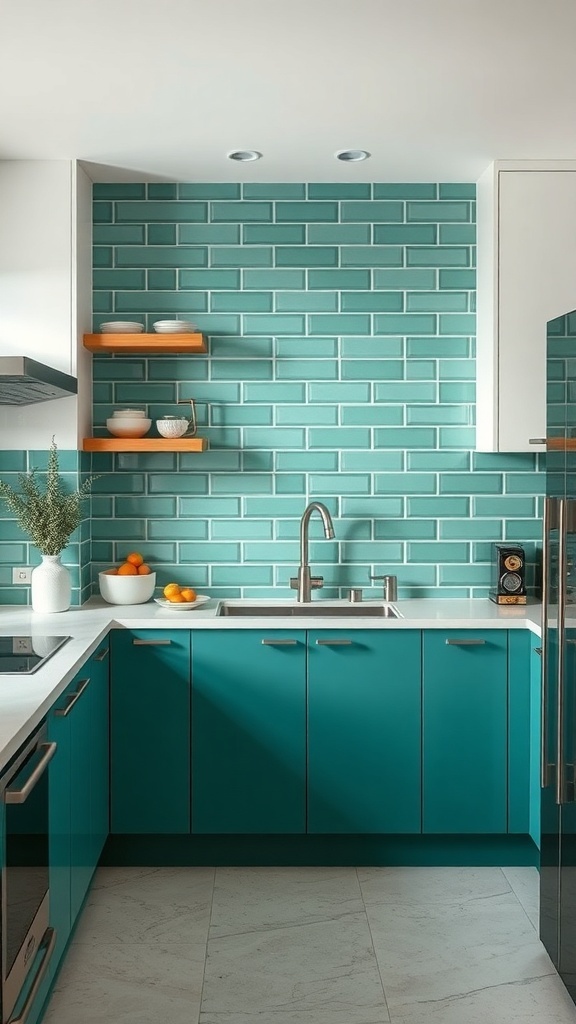 A modern kitchen featuring jade green tiles as a backsplash, complemented by teal cabinets and white countertops.