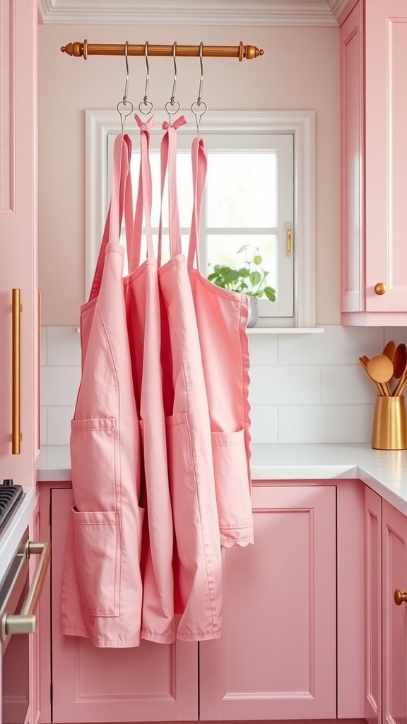 Cute pink aprons hanging in a charming pink kitchen