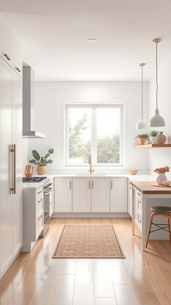 A modern kitchen with a neutral color palette featuring white cabinets, light wood accents, and plants.