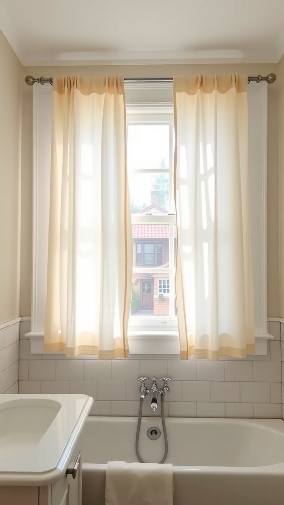 Farmhouse bathroom with light sheer curtains over a window