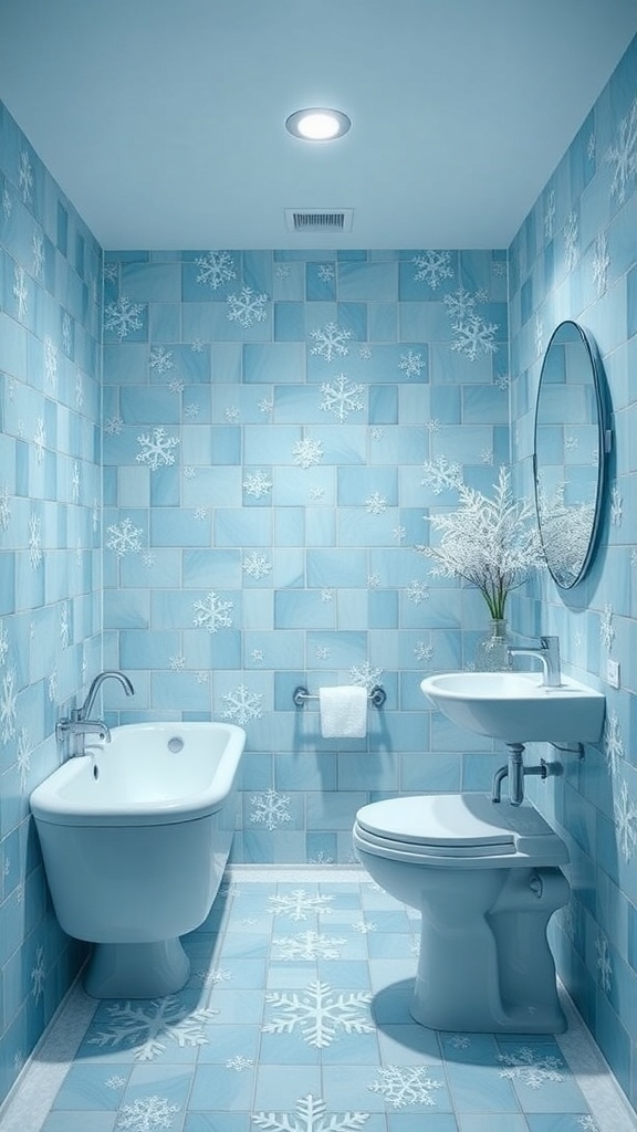 A bathroom decorated in a Frozen theme with blue tiles and snowflake patterns.