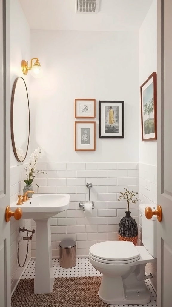 A bright white bathroom with subway tiles, a round mirror, and framed artwork.