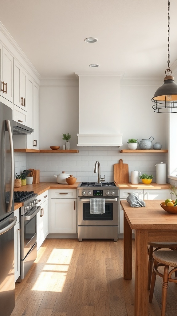 A modern farmhouse kitchen featuring white cabinets, wooden countertops, and industrial lighting.