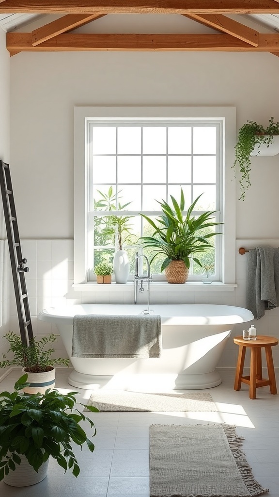 A bright farmhouse bathroom featuring a freestanding bathtub, large window, wooden beams, and plants.