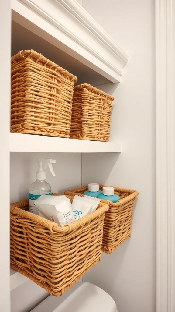 Woven storage baskets on shelves in a bathroom, holding toiletries and cleaning supplies.