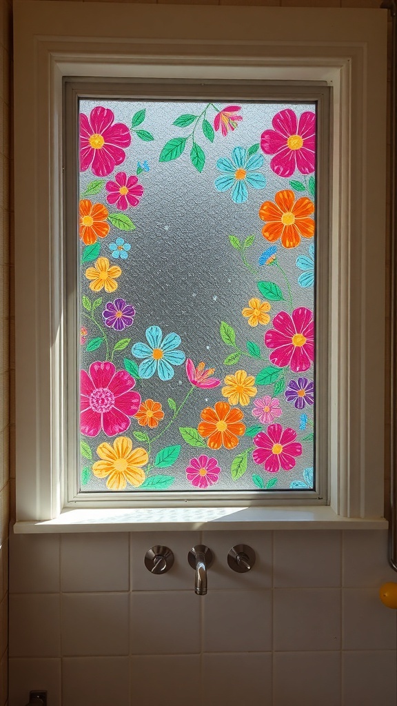 A colorful floral decorative window film on a bathroom window