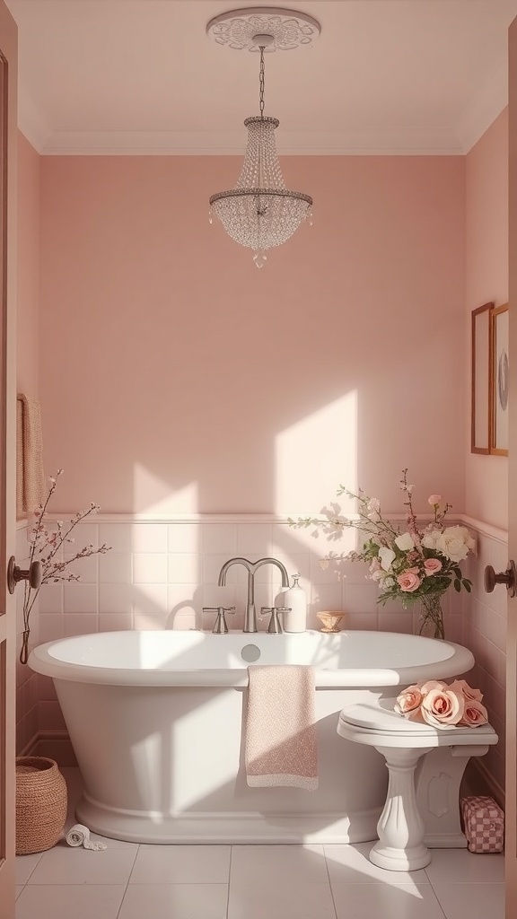 A romantic bathroom with soft blush walls, a white bathtub, and floral decor.