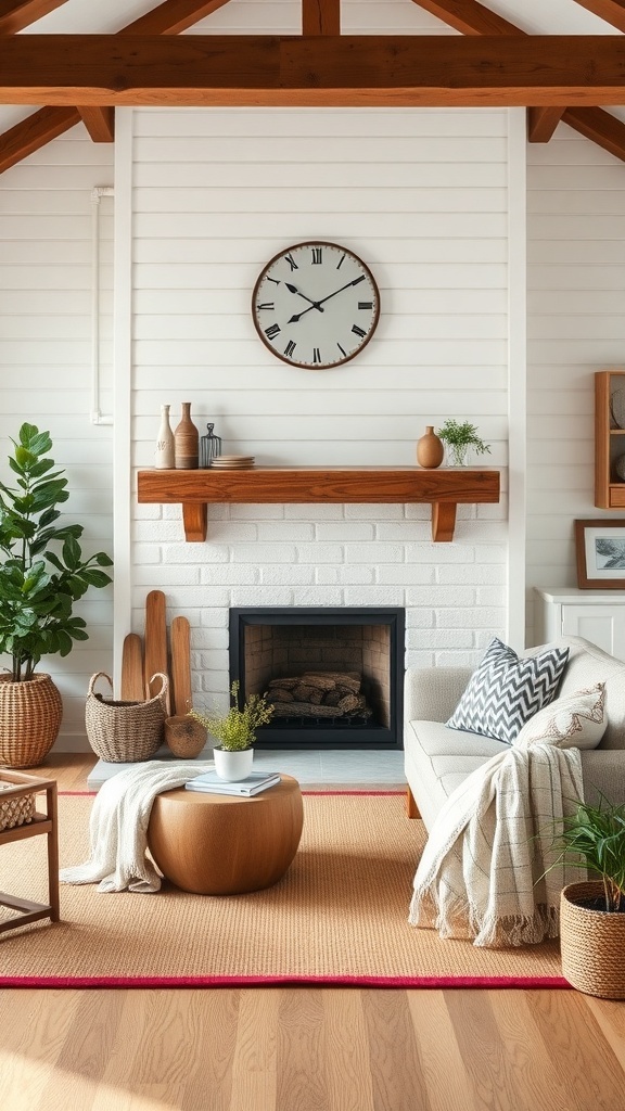 Cozy farmhouse living room with a fireplace and comfortable seating area.