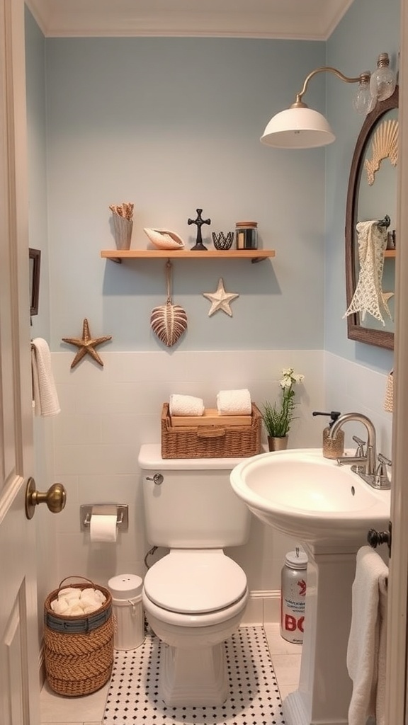 Small bathroom with coastal theme decor, featuring blue walls, a shelf with nautical accessories, and a woven basket.
