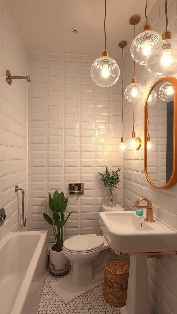 A modern bathroom featuring hanging glass light fixtures, a round mirror, and stylish decor elements.