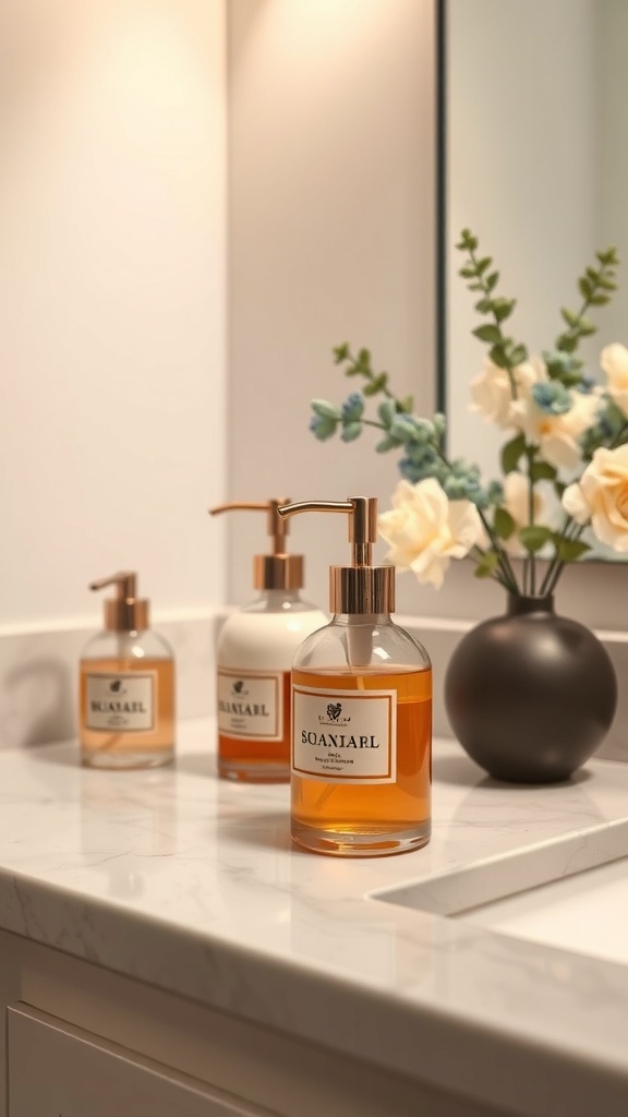 Artisan soap dispensers on a marble countertop with flowers in a vase.