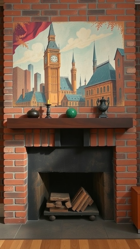 A brick fireplace with an artistic mural of a clock tower and surrounding buildings.
