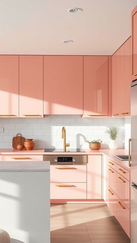 A modern kitchen featuring coral pink countertops and cabinets with gold hardware.