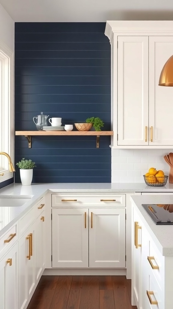 A kitchen featuring a navy blue shiplap backsplash, white cabinets, and gold hardware.