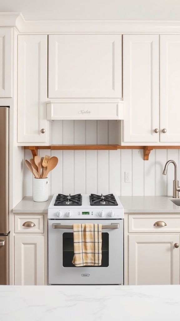 A cozy farmhouse kitchen featuring white beadboard panels as a backsplash, complemented by light cabinetry and a stove.