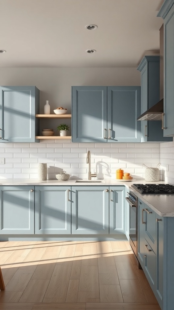 A modern kitchen featuring muted blue cabinets, white backsplash, and wooden flooring.