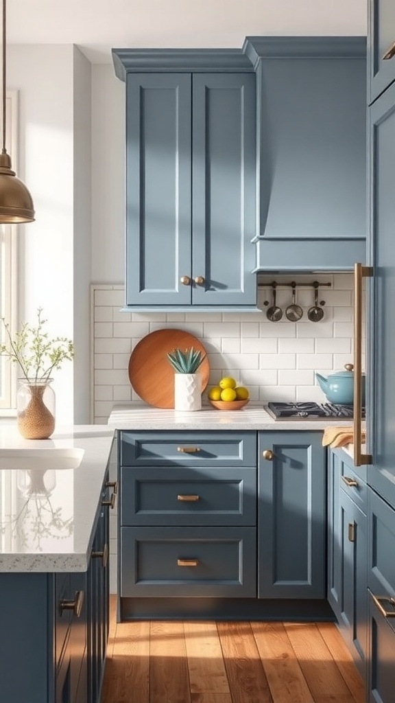 Stylish slate blue kitchen cabinets with gold hardware and white backsplash.