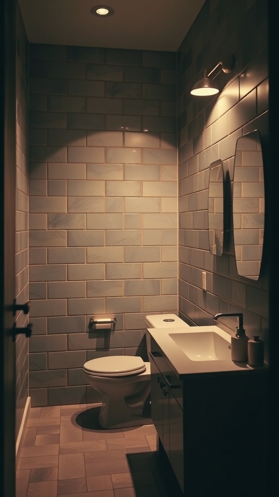A stylish bathroom with layered lighting, featuring recessed lights and a wall-mounted fixture.