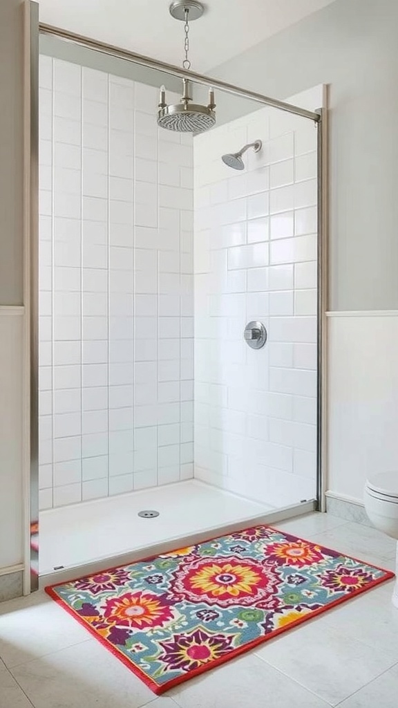 A colorful shower rug in front of a modern shower with white tiles.