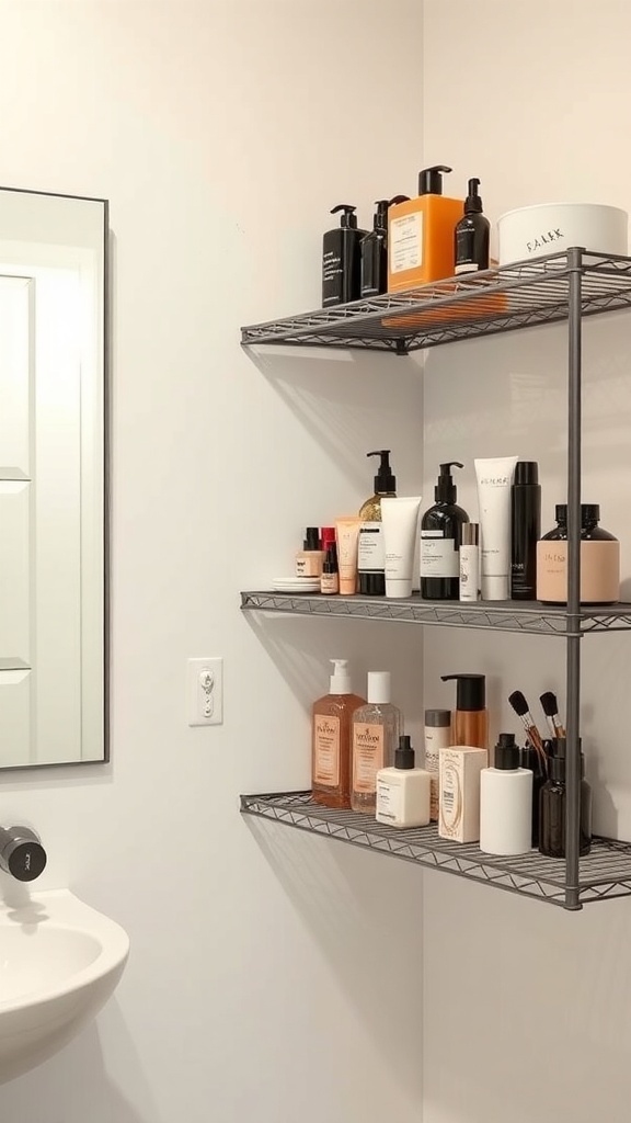 Chic metal shelves displaying various beauty products in a modern bathroom