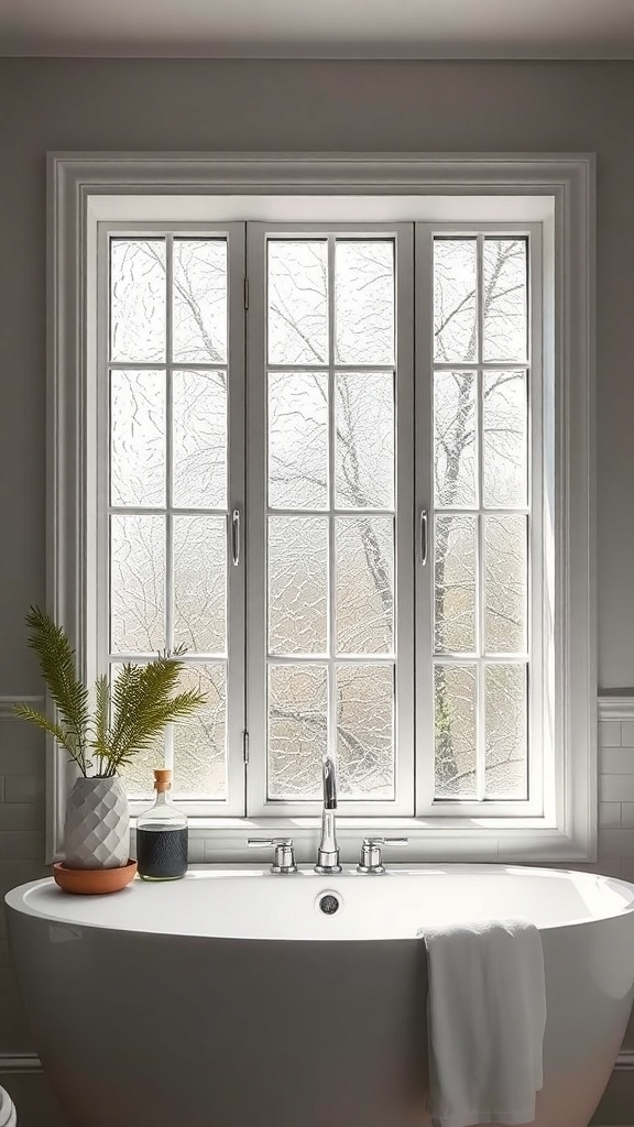 A bathroom window with textured glass, featuring a modern tub and simple decor.