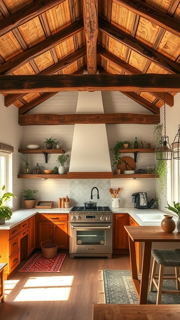 A cozy boho kitchen featuring rustic wooden beams and a warm, inviting design.