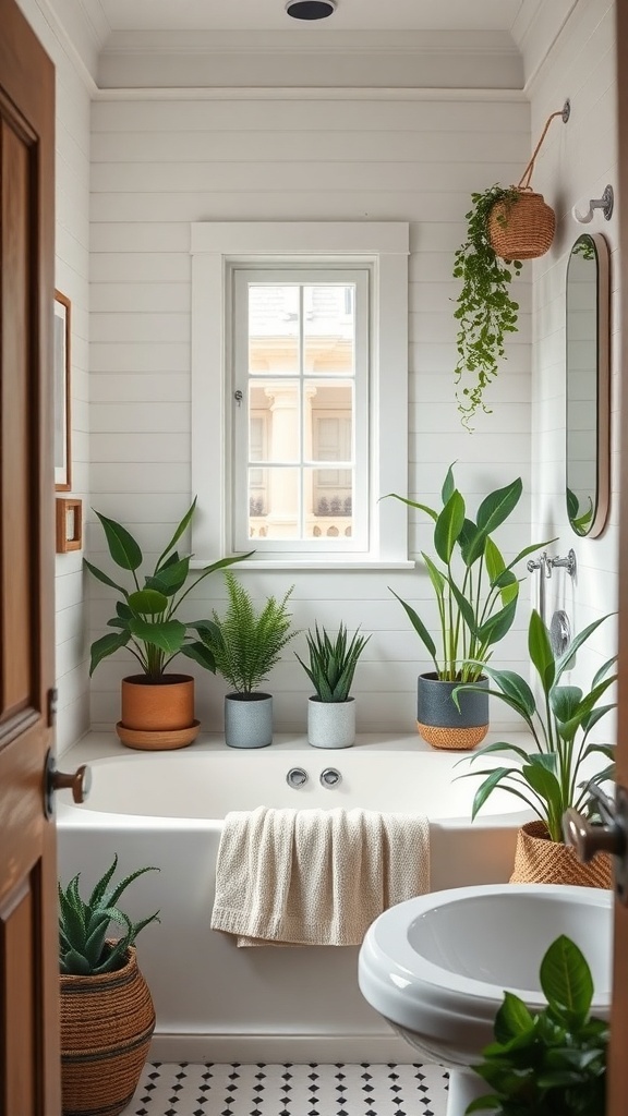 A modern farmhouse bathroom with various plants around the bathtub and window, showcasing a fresh and inviting atmosphere.