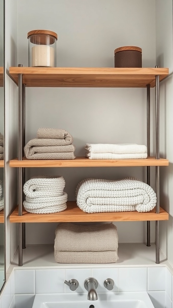 Layered bathroom shelves with wooden shelves, neatly folded towels, and decorative containers.
