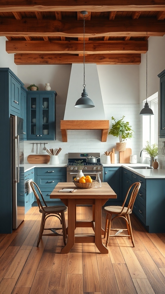 A modern kitchen featuring navy blue cabinets, wooden beams, and a rustic dining table.