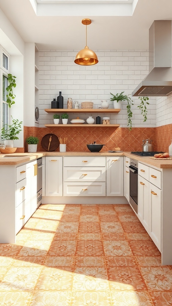A modern kitchen with bold colorful tile flooring, white cabinets, and stylish decor.