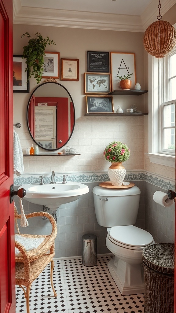A stylish men's bathroom featuring a red door, round mirror, framed art, potted plant, and patterned floor tiles.