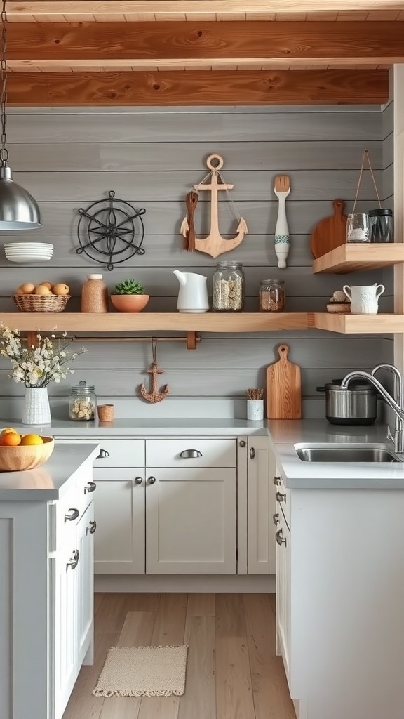 A cozy kitchen featuring a weathered gray shiplap backsplash with white cabinets and rustic decor.