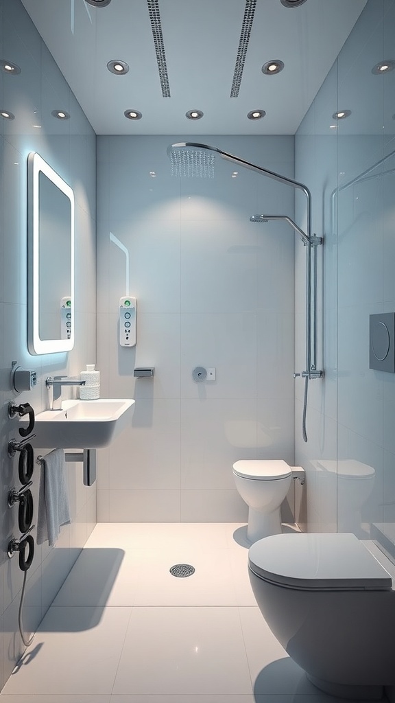 A modern bathroom featuring high-tech gadgets, including a rainfall showerhead, control panels, and an illuminated mirror.