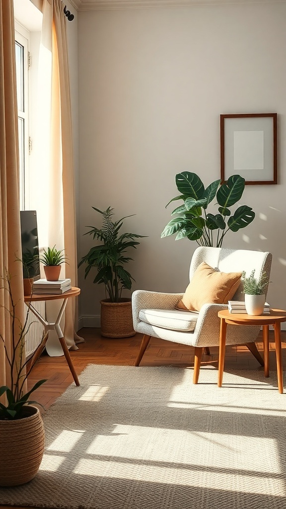 A cozy corner in an industrial farmhouse living room with a soft armchair, plants, and natural light.