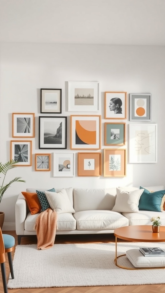 A stylish living room with a gallery wall featuring a harmonious color palette of framed art in warm tones and black and white.